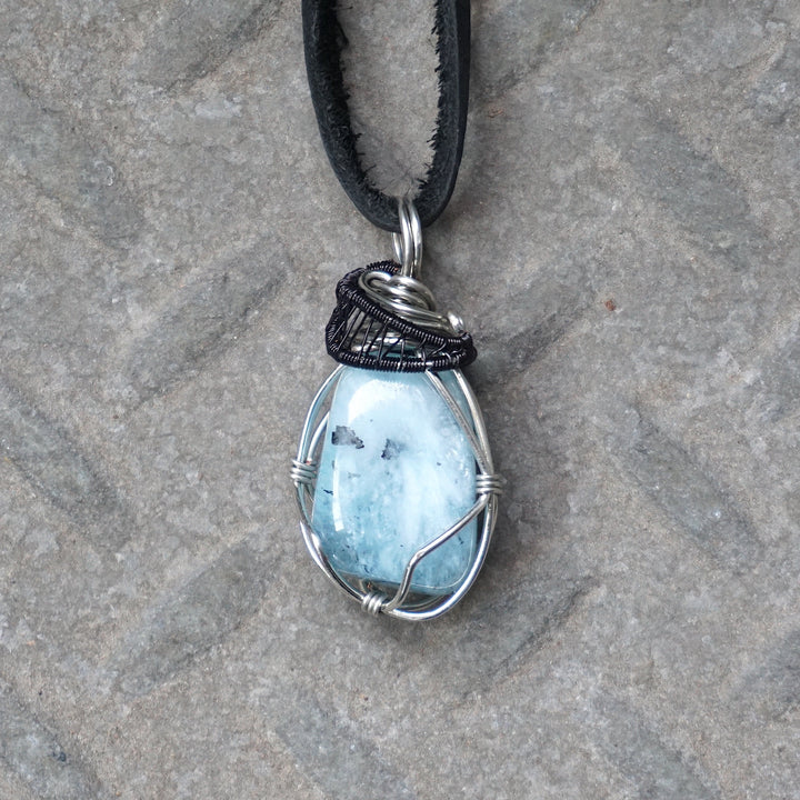 Men's Aquamarine Crystal Necklace - Mixed Wire Black and Silver Copper DesignsbyNatureGems