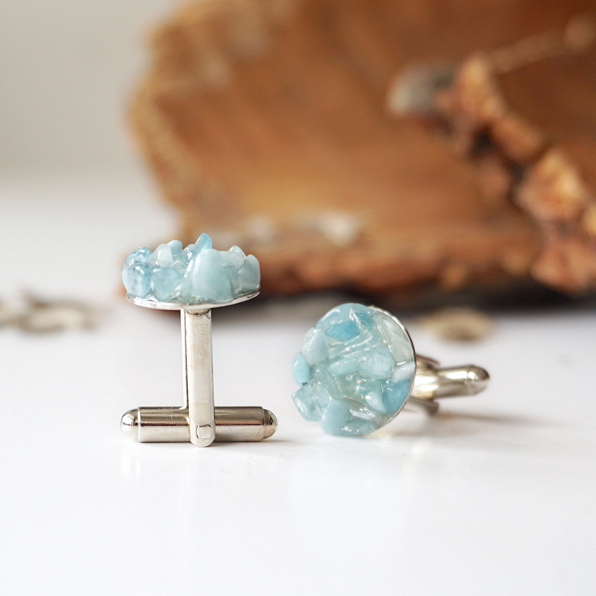 Men's aquamarine cufflinks, detailed front view, multiple genuine aquamarines set in white gold finish copper, Designs by Nature Gems