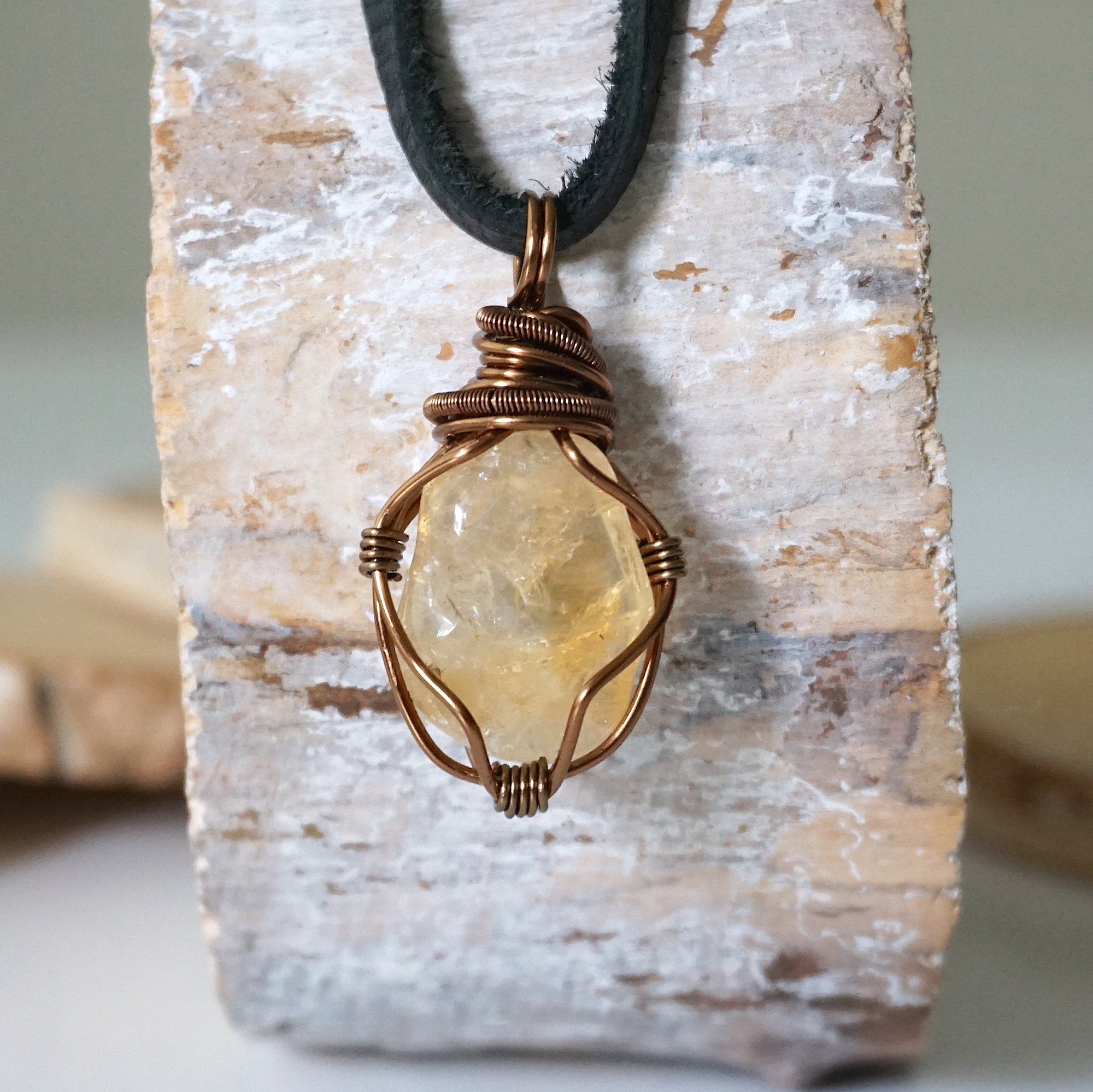 Natural citrine necklace for men on leather cord with antique bronze copper wire wrapping - handmade masculine crystal pendant full view November birthstone jewelry