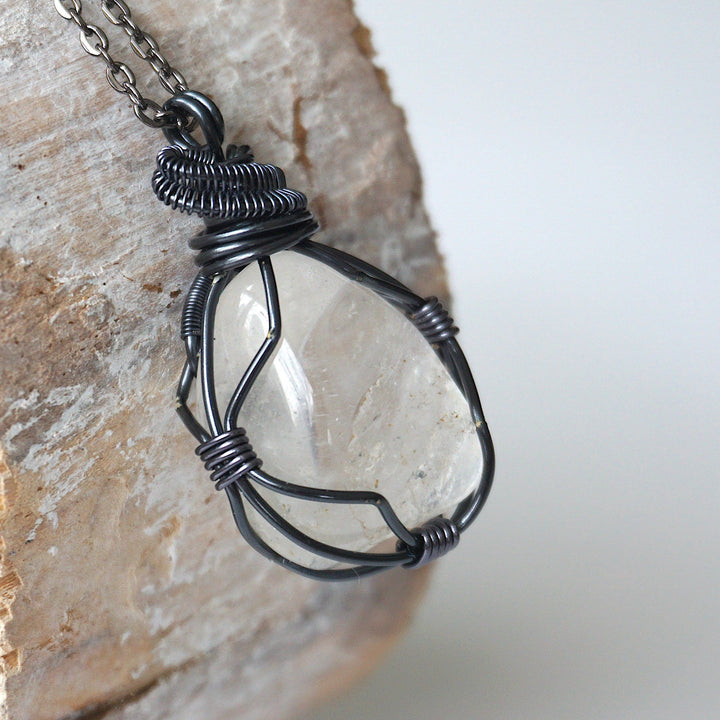 Men's Clear Quartz Pendant Necklace - Gunmetal Wire Wrapped DesignsbyNatureGems