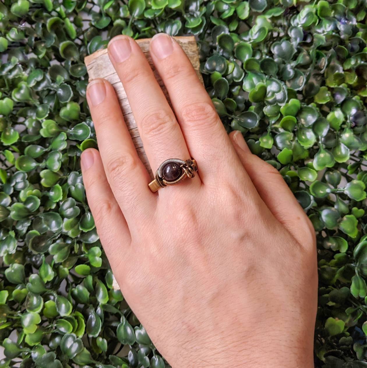 Mens Garnet Crystal Ring Wire Wrapped in Antique Bronze DesignsbyNatureGems