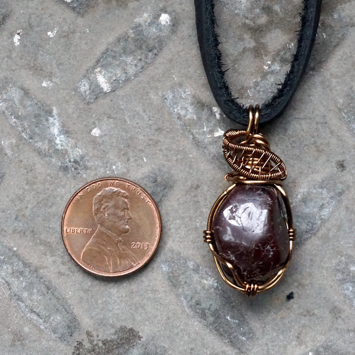 Men's Garnet Pendant in Antique Bronze - With Black Leather Cord Designs by Nature Gems
