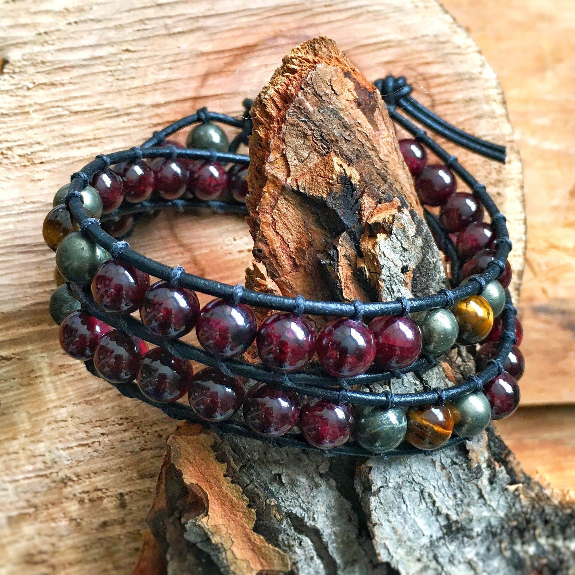 Side view of a men’s leather wrap beaded bracelet, highlighting the double wrap leather construction and natural gemstone beads