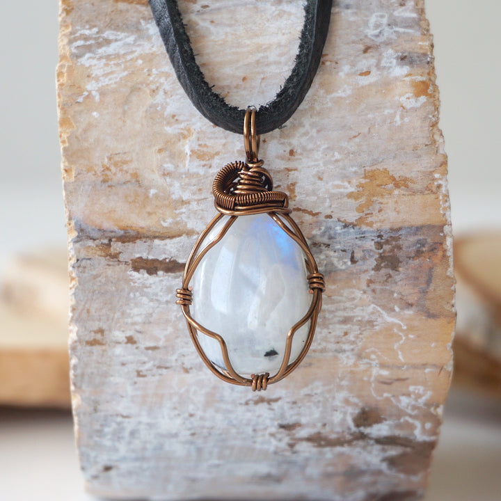 Men's Rainbow Moonstone in Antique Bronze - With Black Leather Cord Designs by Nature Gems