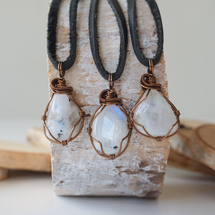 Men's Rainbow Moonstone in Antique Bronze - With Black Leather Cord Designs by Nature Gems
