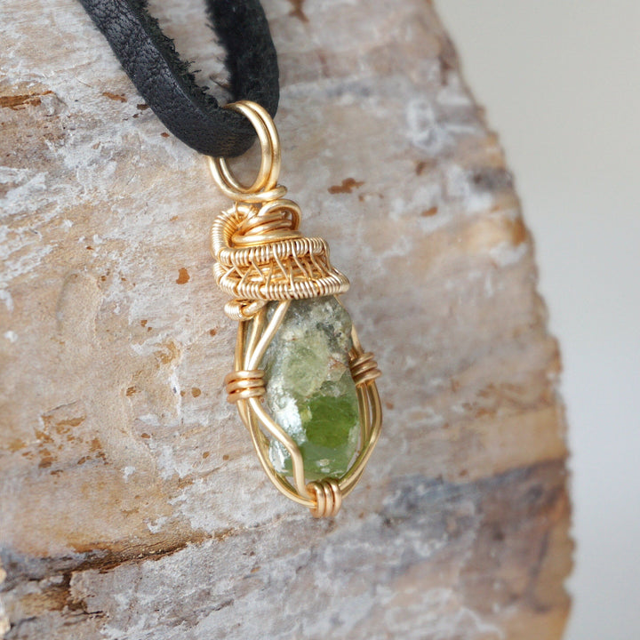 Men's Raw Peridot Necklace in 14k Gold-Filled - With Black Leather Cord Designs by Nature Gems