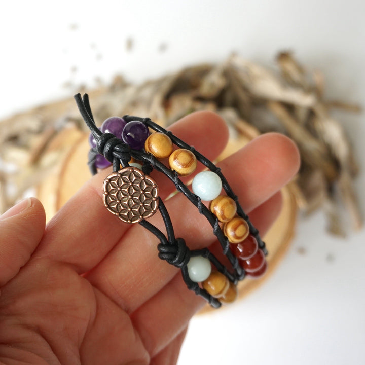 Mixed Crystal Wrap Bracelet with Olive Wood DesignsbyNatureGems