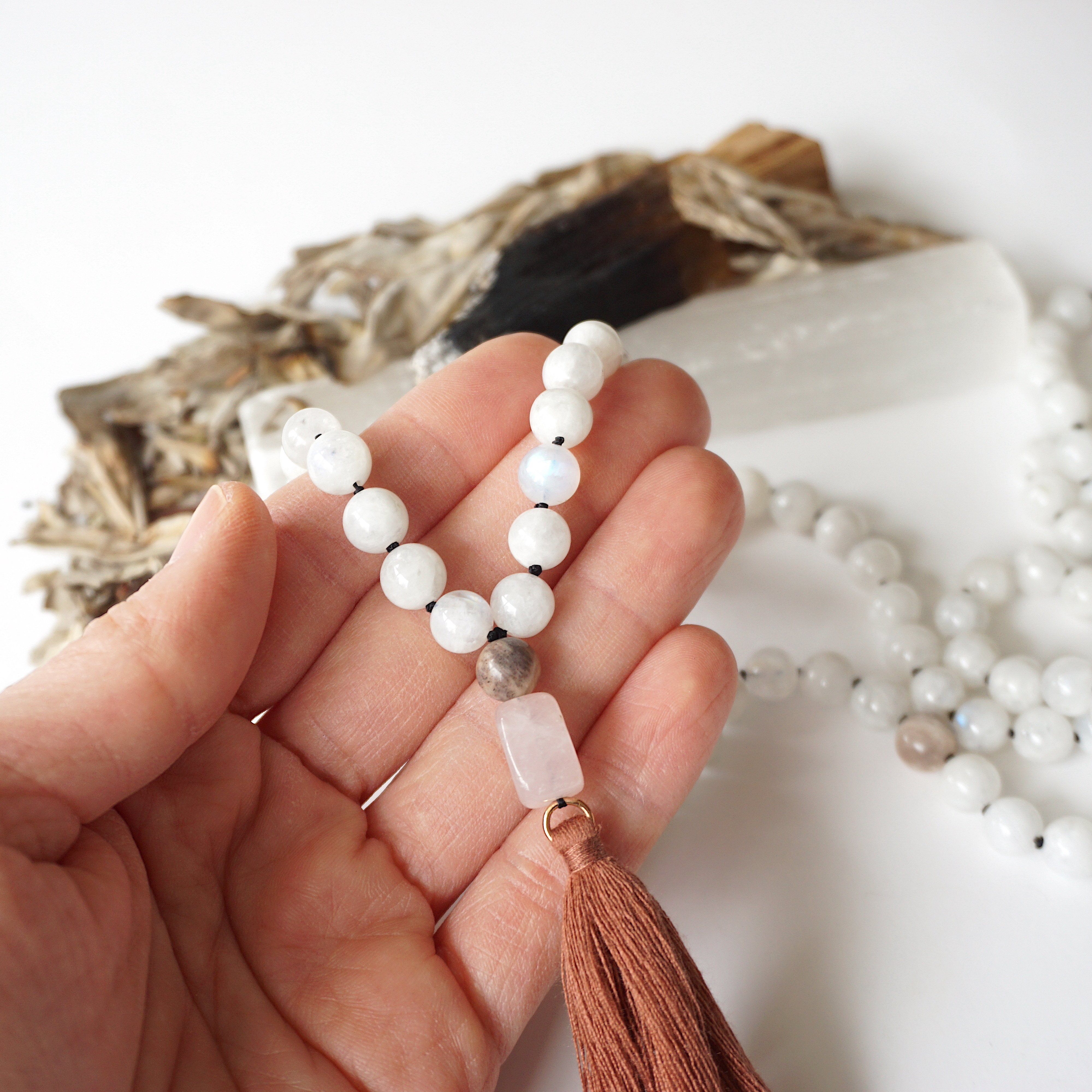 Rose Quartz Necklace-Natural 108 Mala Beads Moon Charm Mala Prayer Necklace orders