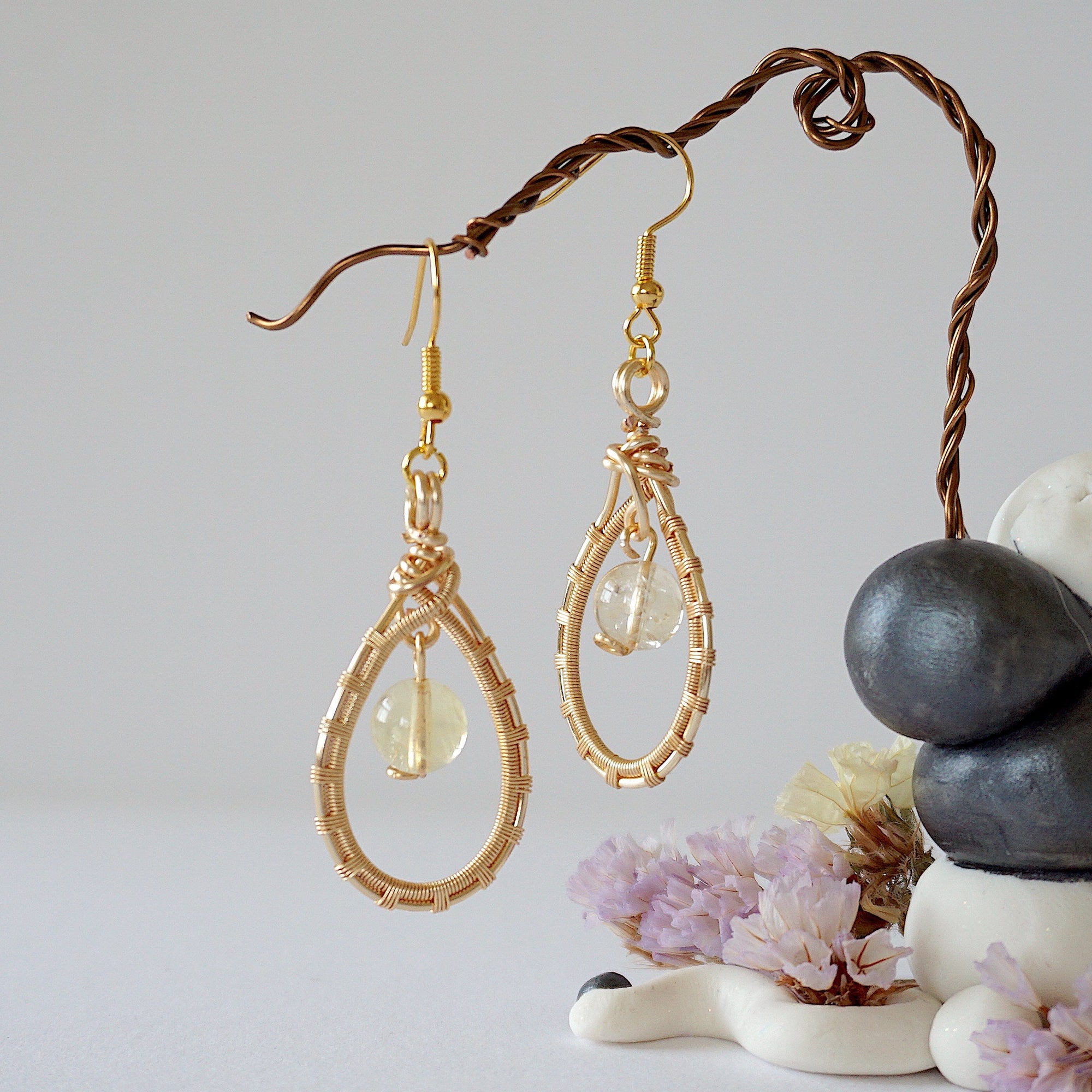 Natural citrine drop earrings in gold plated copper - handmade wire wrapped crystal dangle earrings front view November birthstone jewelry for women