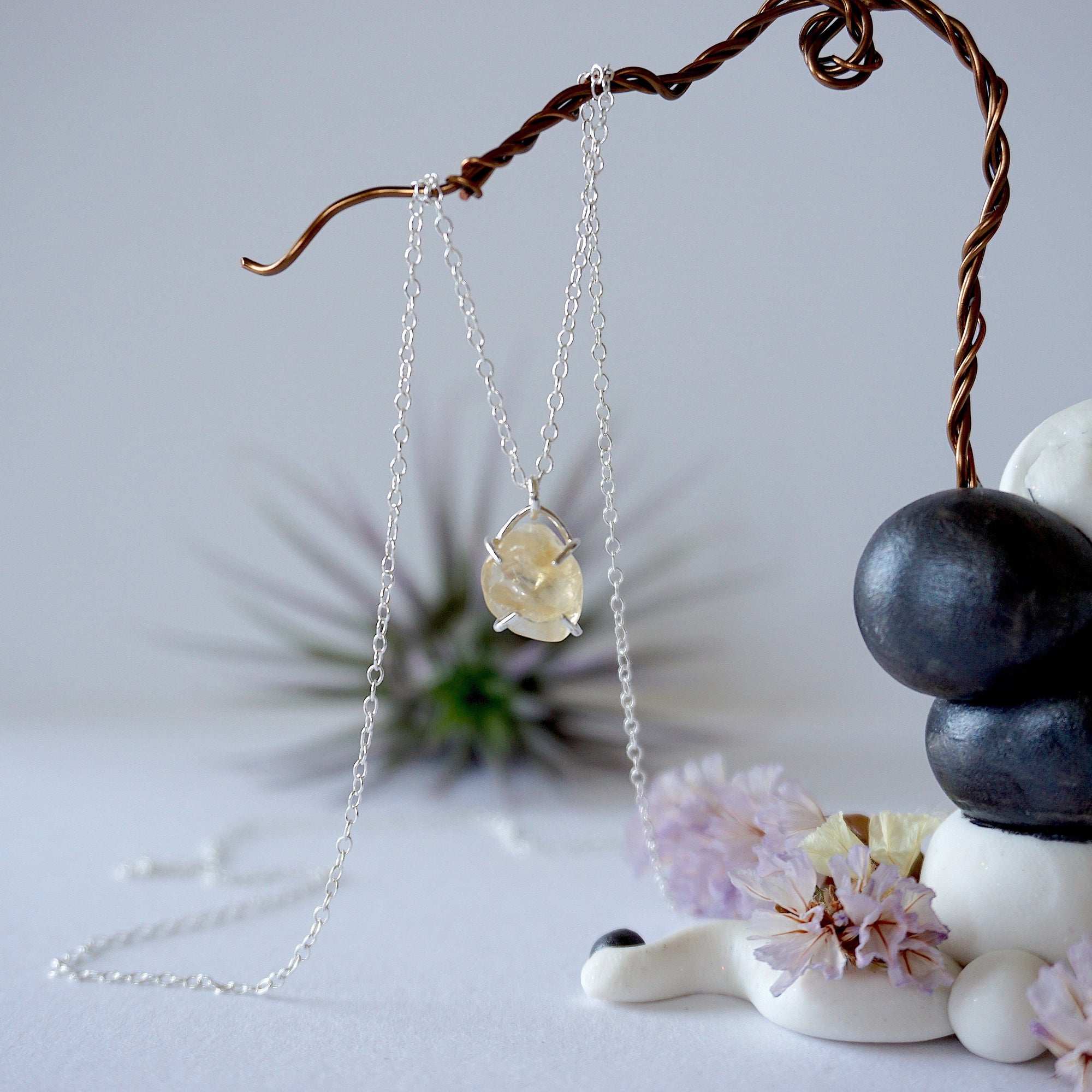 Natural citrine huggie necklace in sterling silver 925 - handmade wire wrapped crystal pendant necklace full view November birthstone jewelry for women