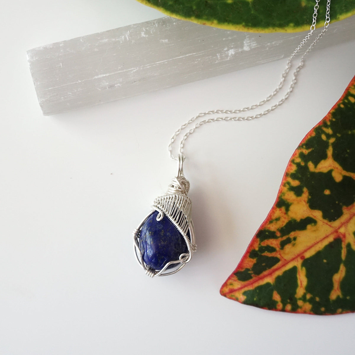 Natural lapis lazuli necklace hand wire-wrapped in 925 sterling silver on a sterling silver chain