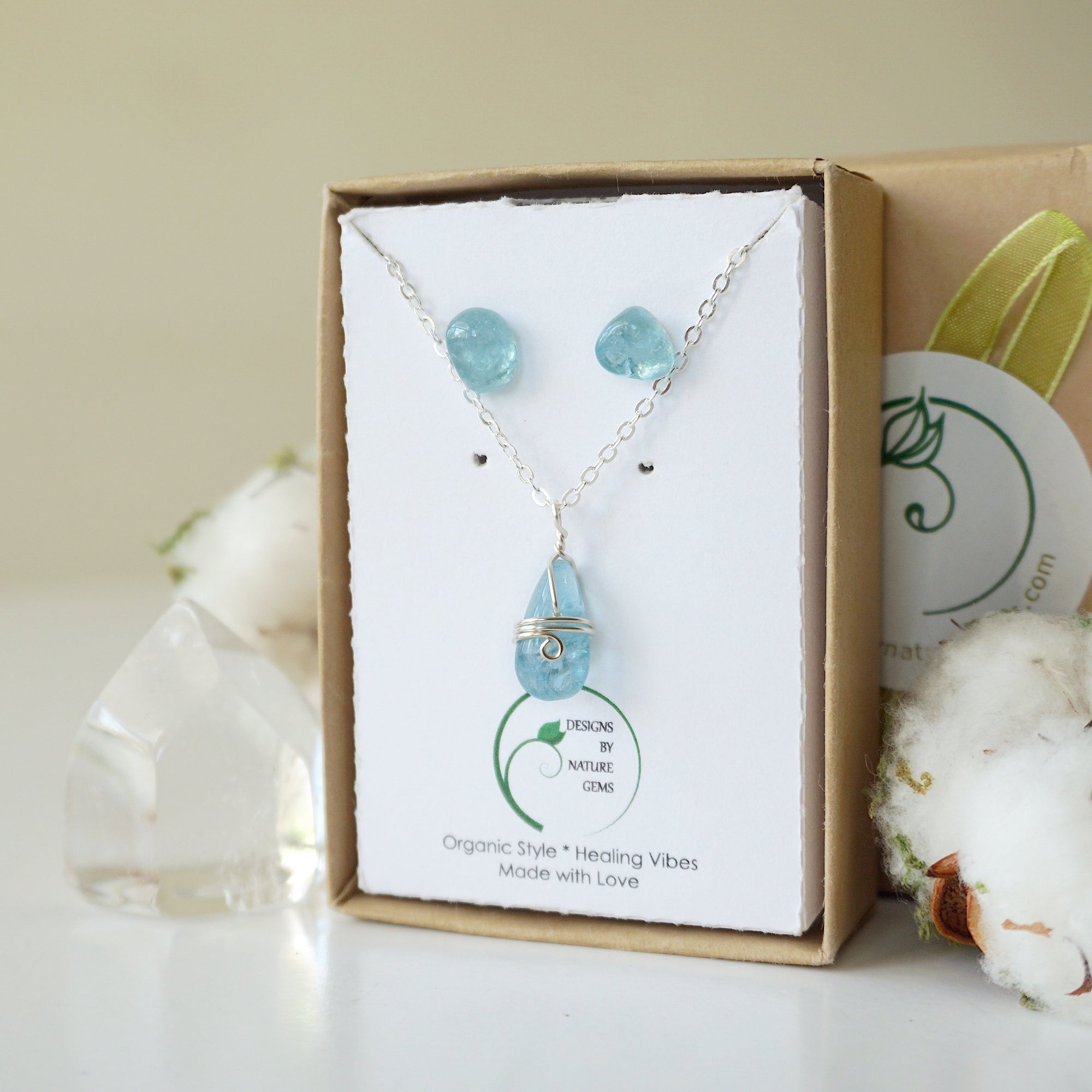 (NEW) Aquamarine Charm and Earrings Set Designs by Nature Gems