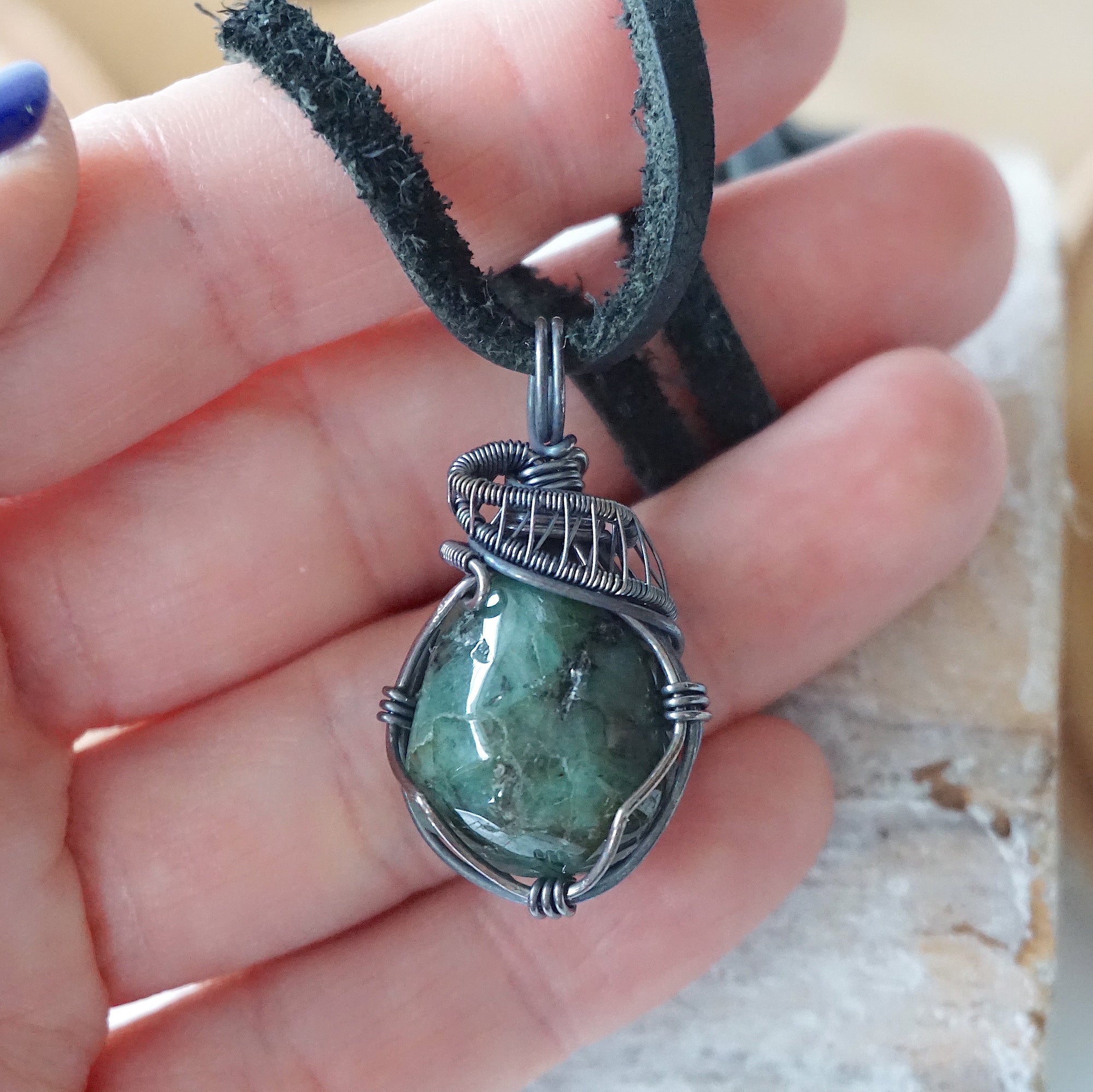 (NEW) Raw Emerald Necklace - Antiqued Silver Pendant Designs by Nature Gems