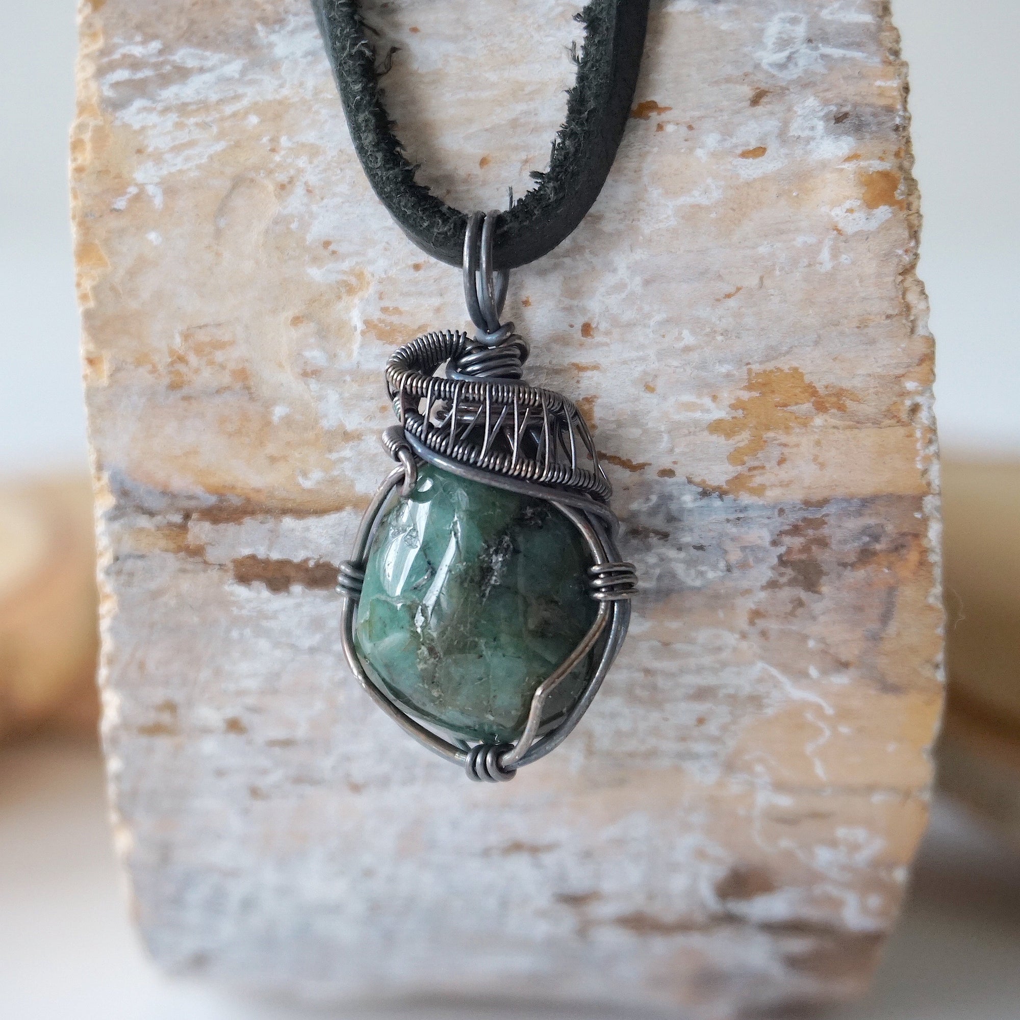 (NEW) Raw Emerald Necklace - Antiqued Silver Pendant Designs by Nature Gems