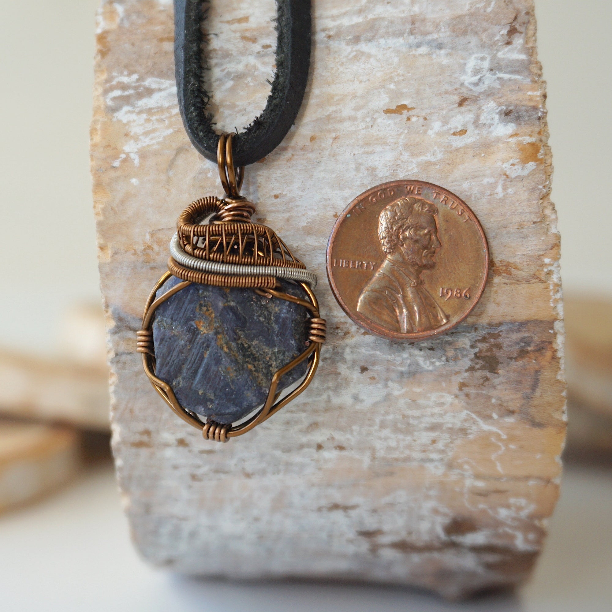(NEW) Sapphire Antique Bronze and Silver - Necklace with Leather Cord Designs by Nature Gems
