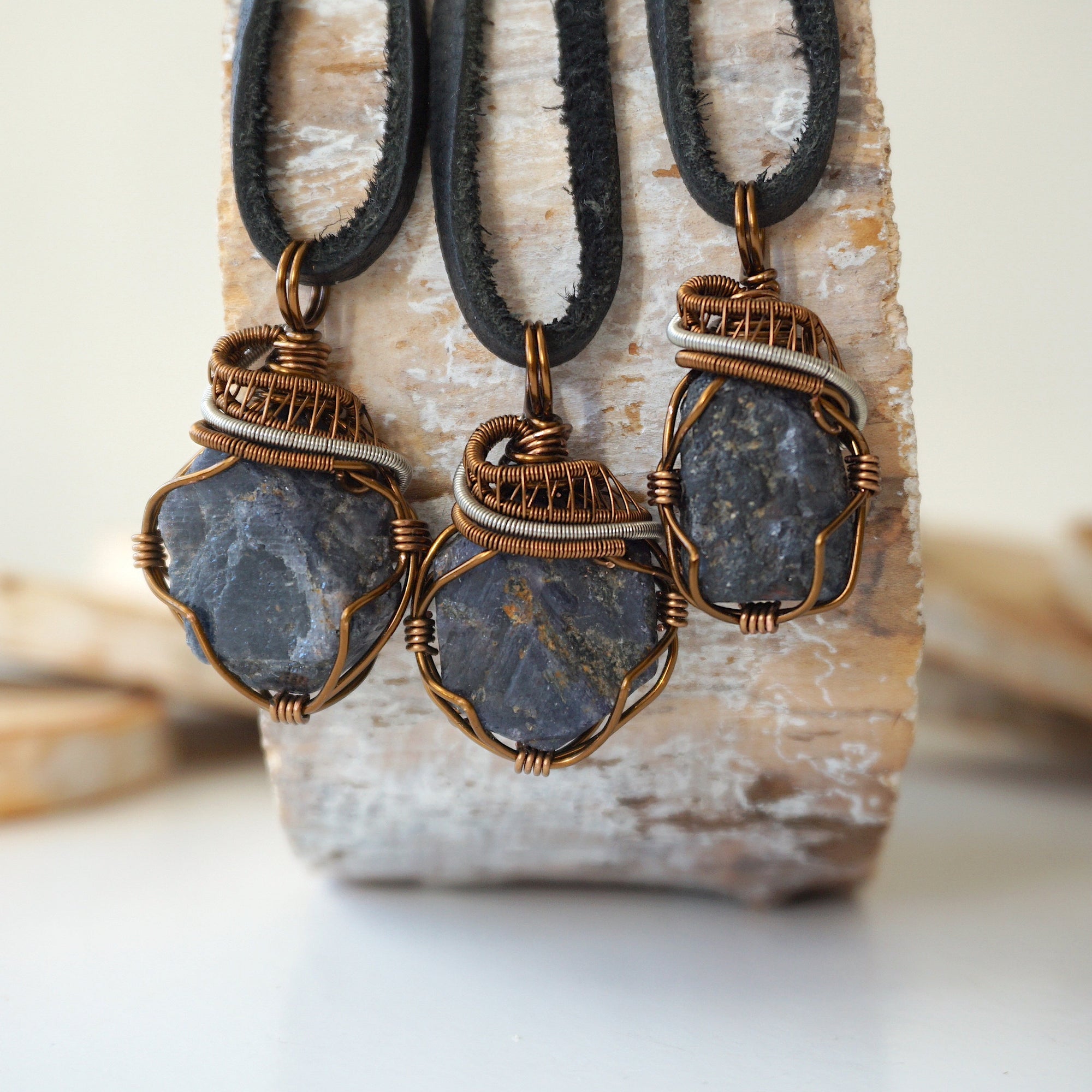 (NEW) Sapphire Antique Bronze and Silver - Necklace with Leather Cord Designs by Nature Gems