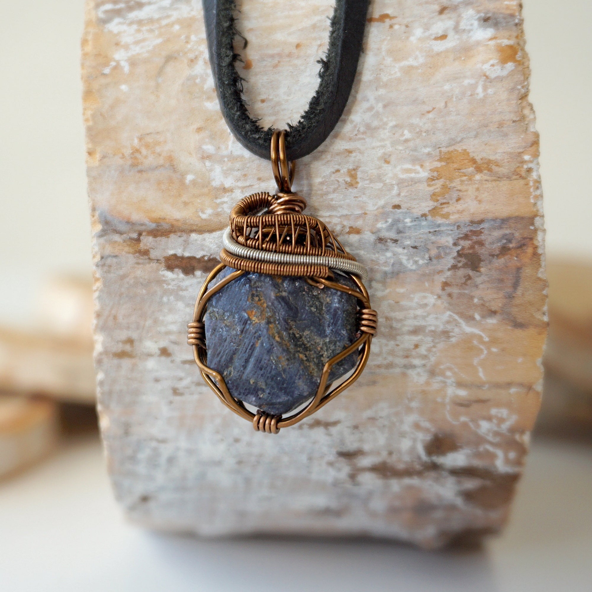 (NEW) Sapphire Antique Bronze and Silver - Necklace with Leather Cord Designs by Nature Gems