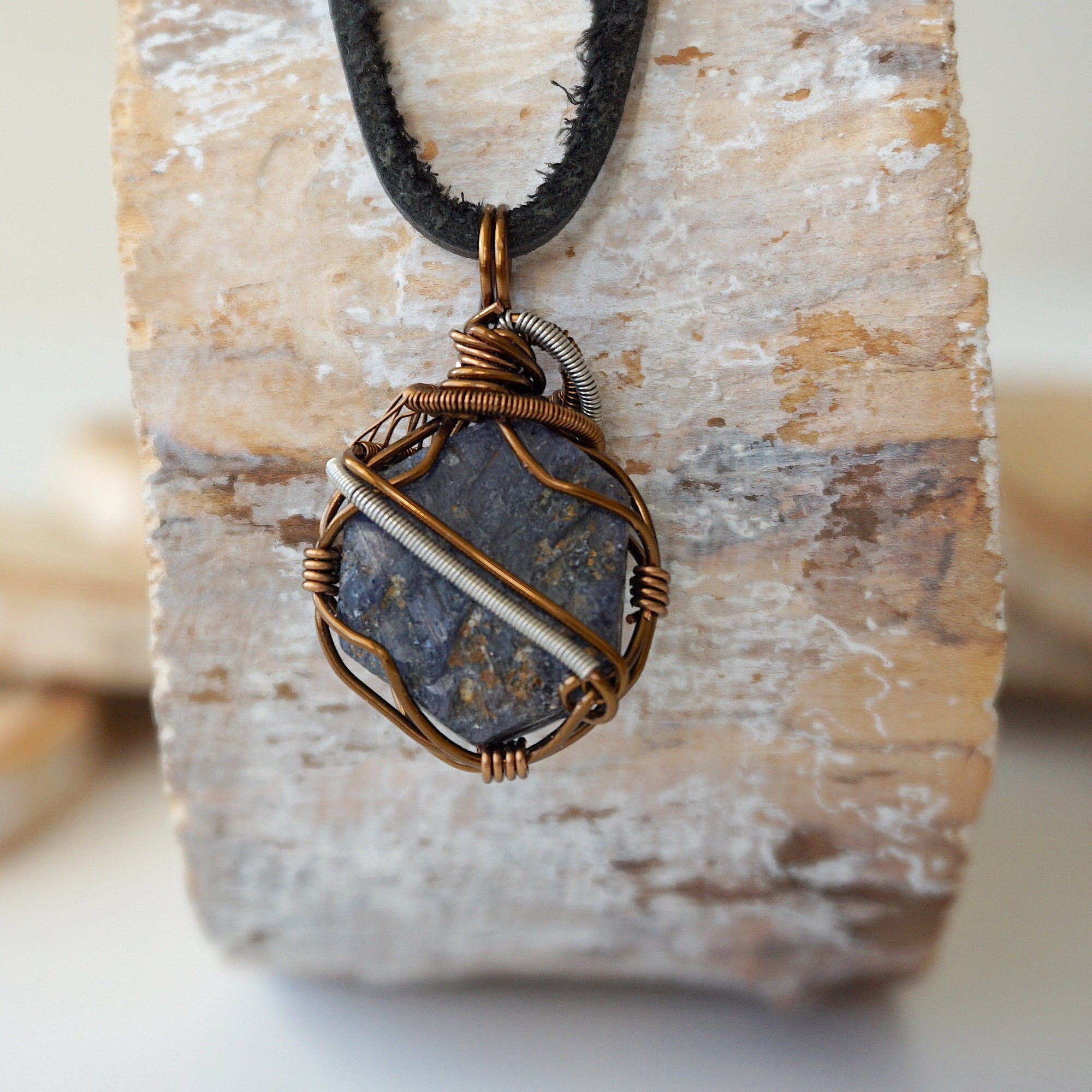 (NEW) Sapphire Antique Bronze and Silver - Necklace with Leather Cord Designs by Nature Gems