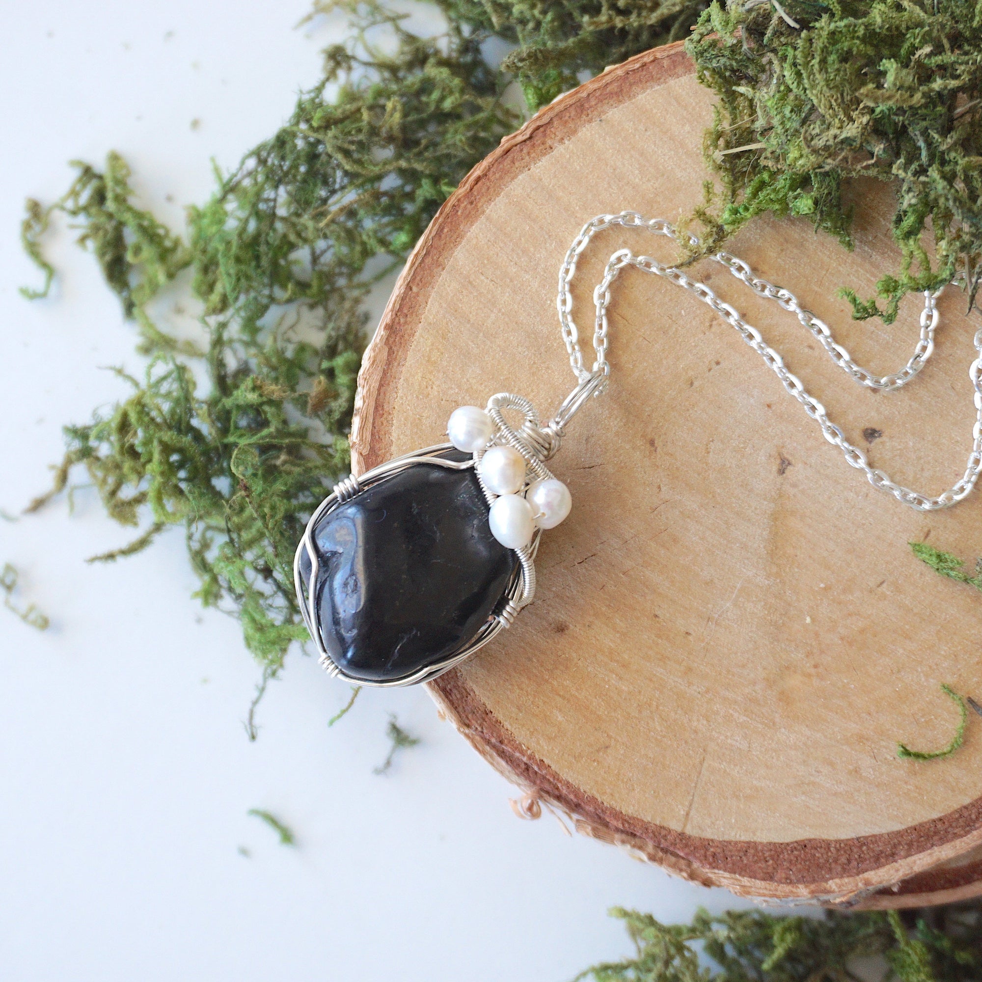 (NEW) Shungite and Pearl Necklace - Silver Plated Designs by Nature Gems