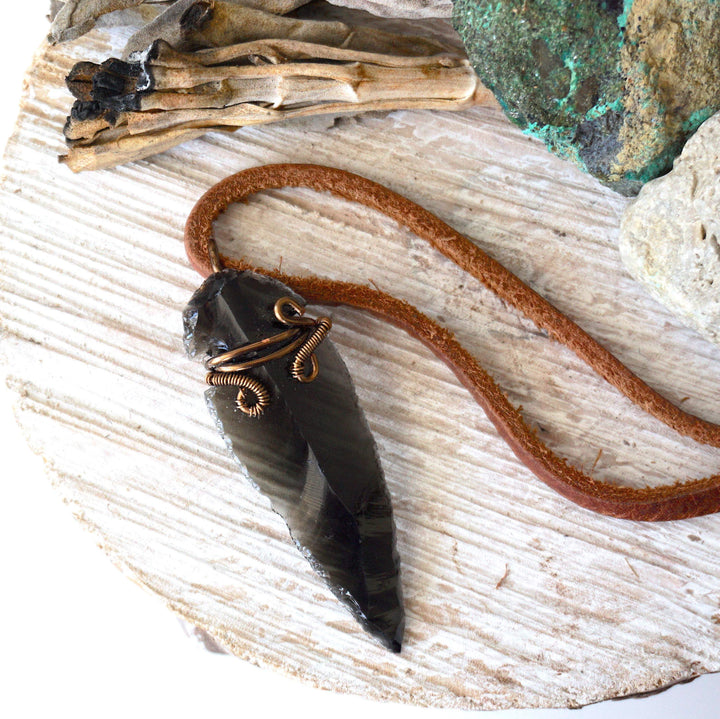 Obsidian Arrowhead Pendant Necklace - Antique Bronze DesignsbyNatureGems