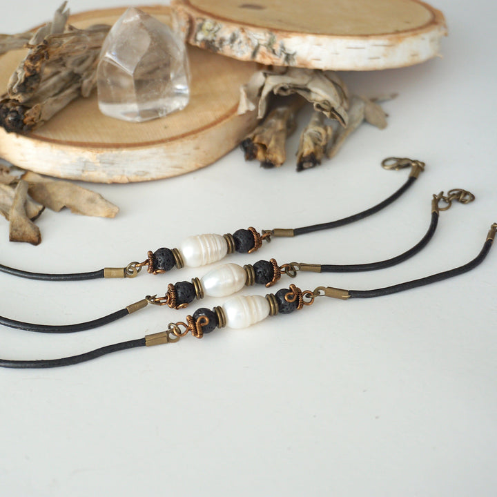 Pearl Bracelet - Antique Bronze - Black Leather Cord Designs by Nature Gems