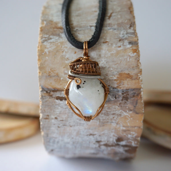 Rainbow Moonstone Antique Bronze & White Gold Necklace with Leather Cord Designs by Nature Gems