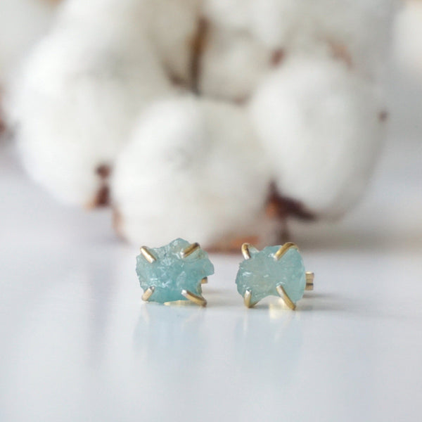 Raw Aquamarine Stud Earrings - 14k Gold Filled Designs by Nature Gems
