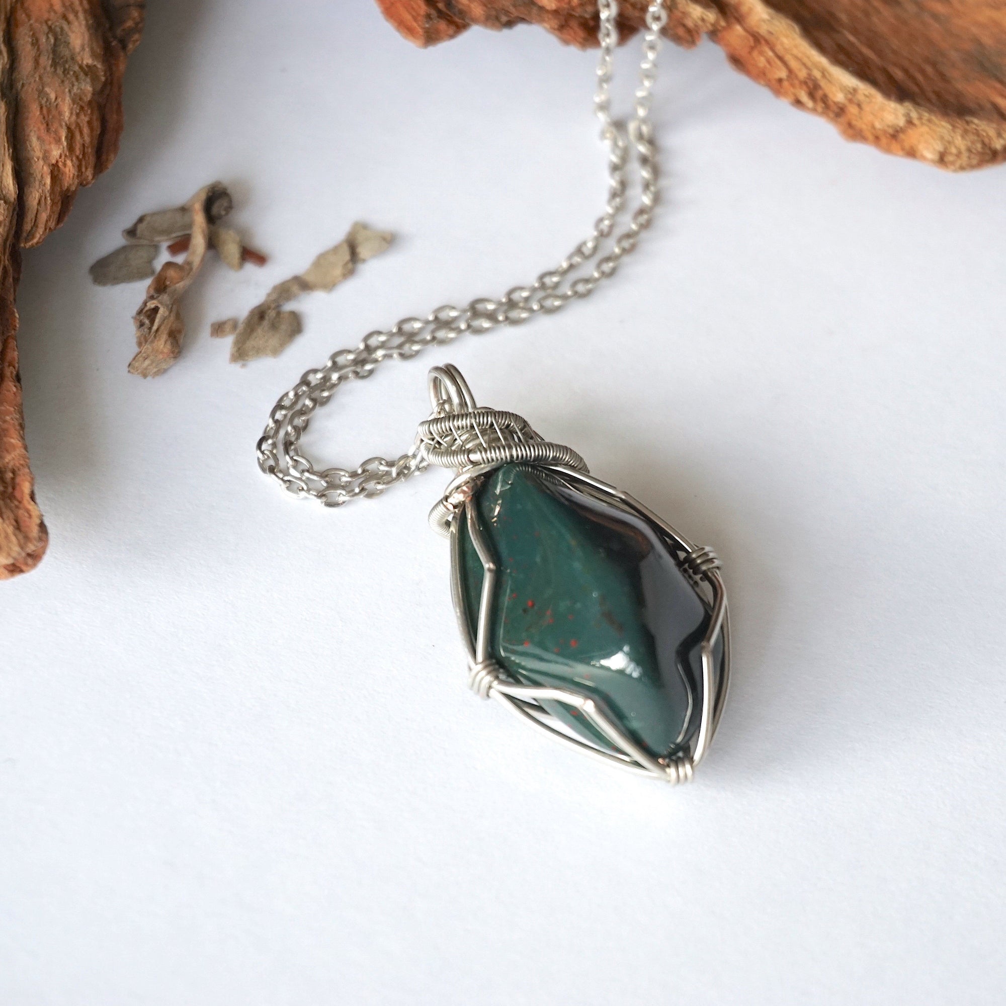 Raw Bloodstone Necklace - March Birthstone Pendant - White Gold Plated Brass DesignsbyNatureGems