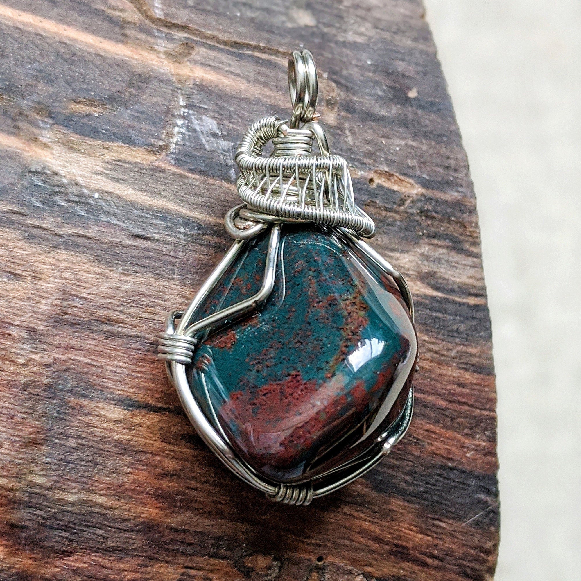 Raw Bloodstone Necklace - Wire Wrapped March Birthstone Pendant DesignsbyNatureGems