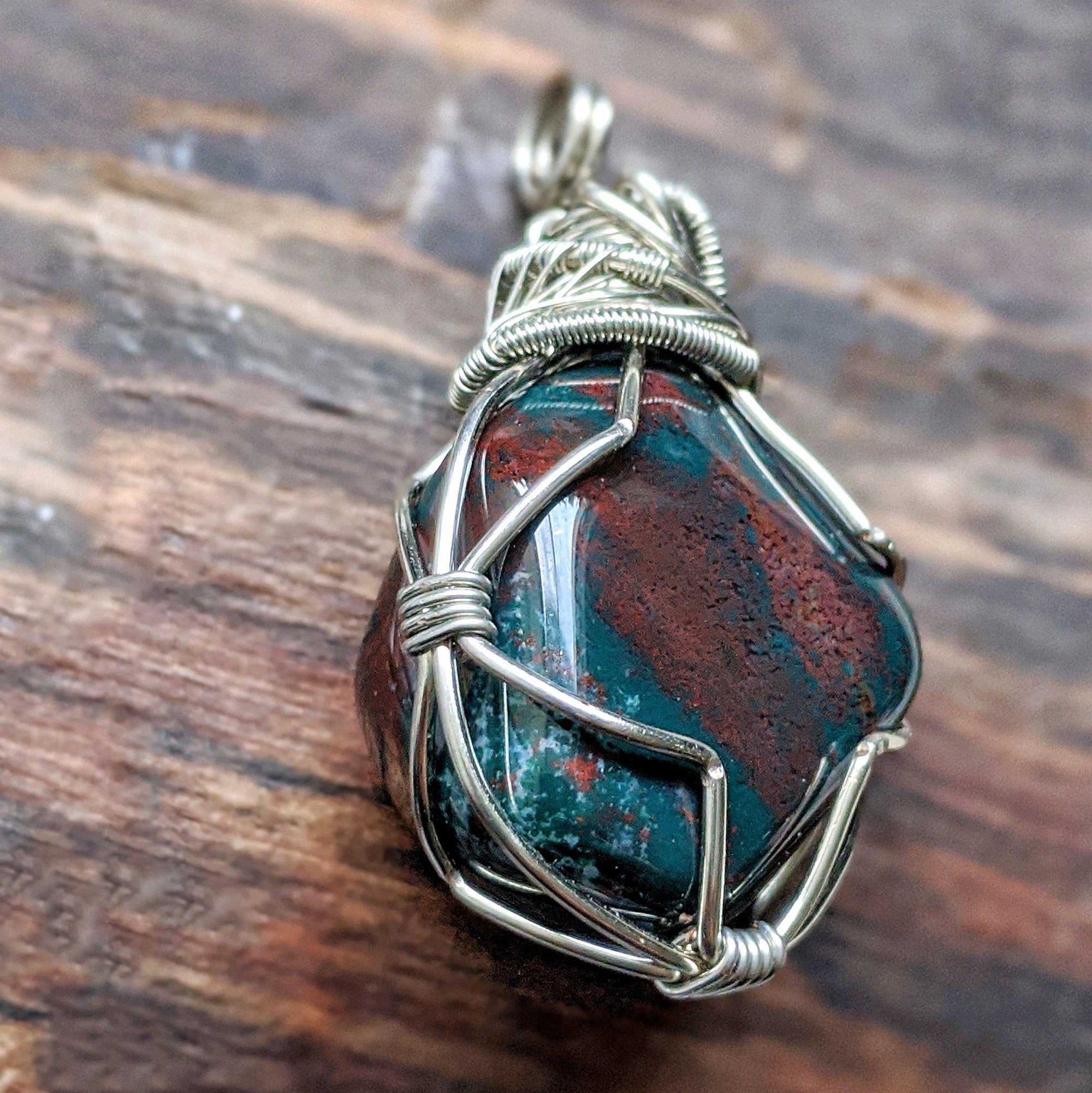 Raw Bloodstone Necklace - Wire Wrapped March Birthstone Pendant DesignsbyNatureGems