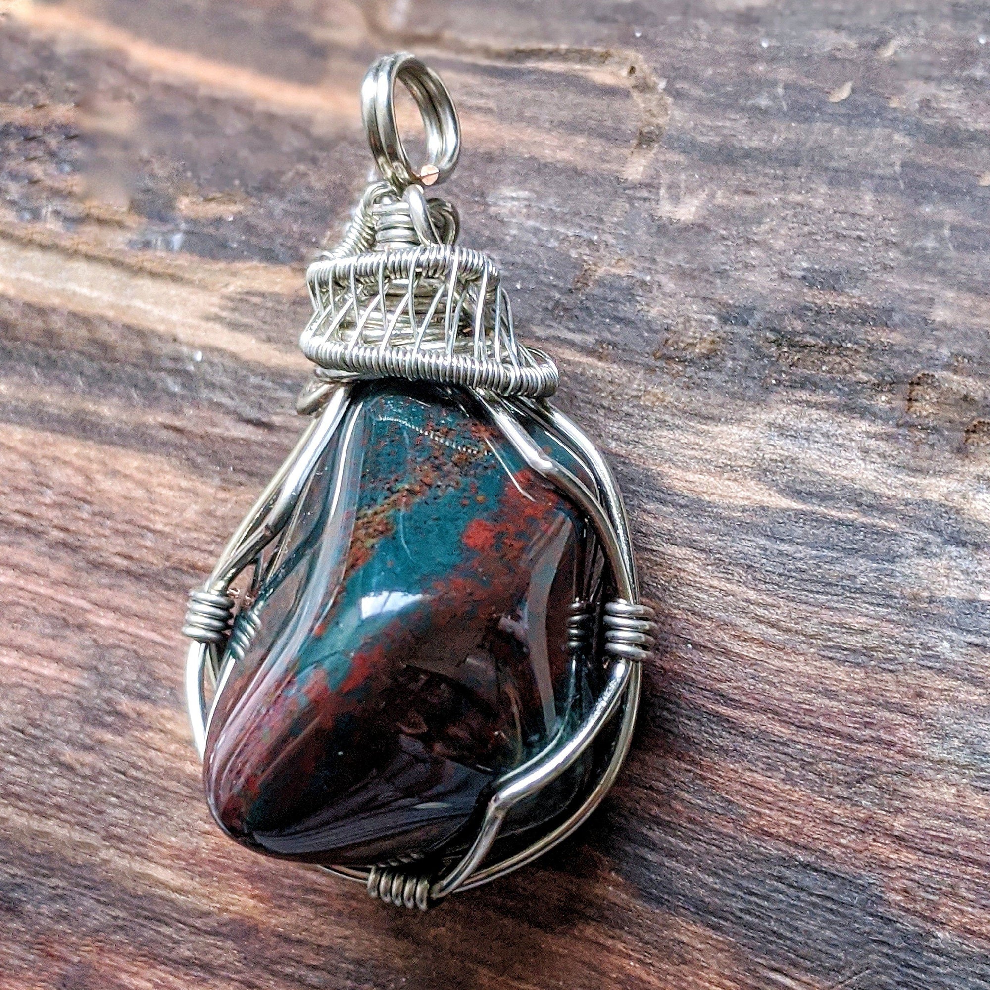 Raw Bloodstone Necklace - Wire Wrapped March Birthstone Pendant DesignsbyNatureGems