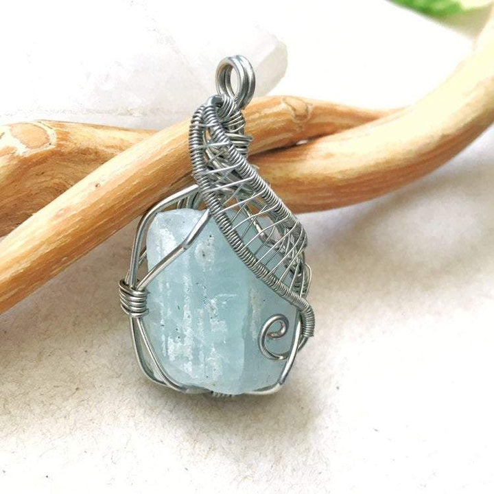 Raw Blue Aquamarine Crystal Necklace - March Birthstone Pendant DesignsbyNatureGems