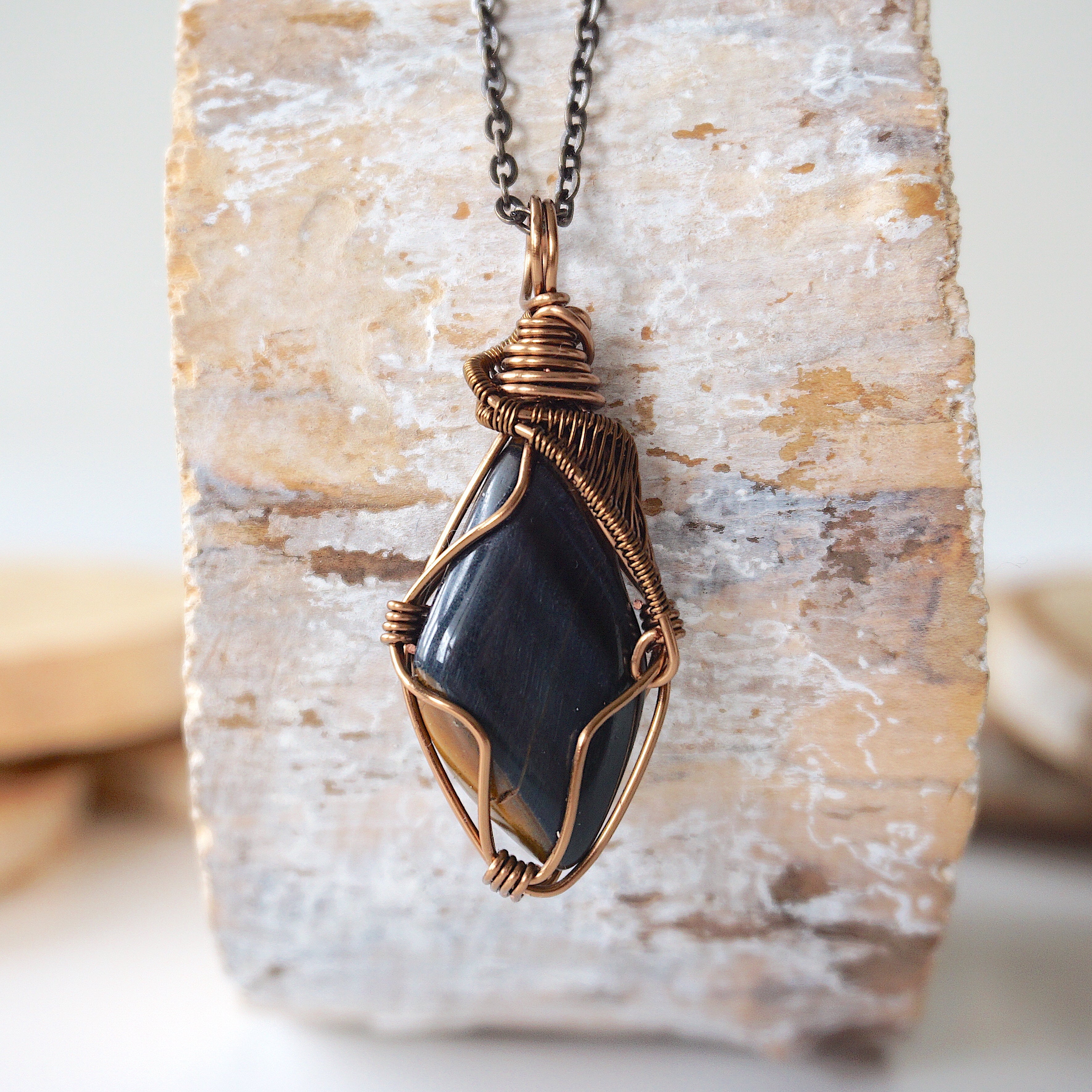 Wire wrapped blue tigers eye Pendant necklace orders one of a kind