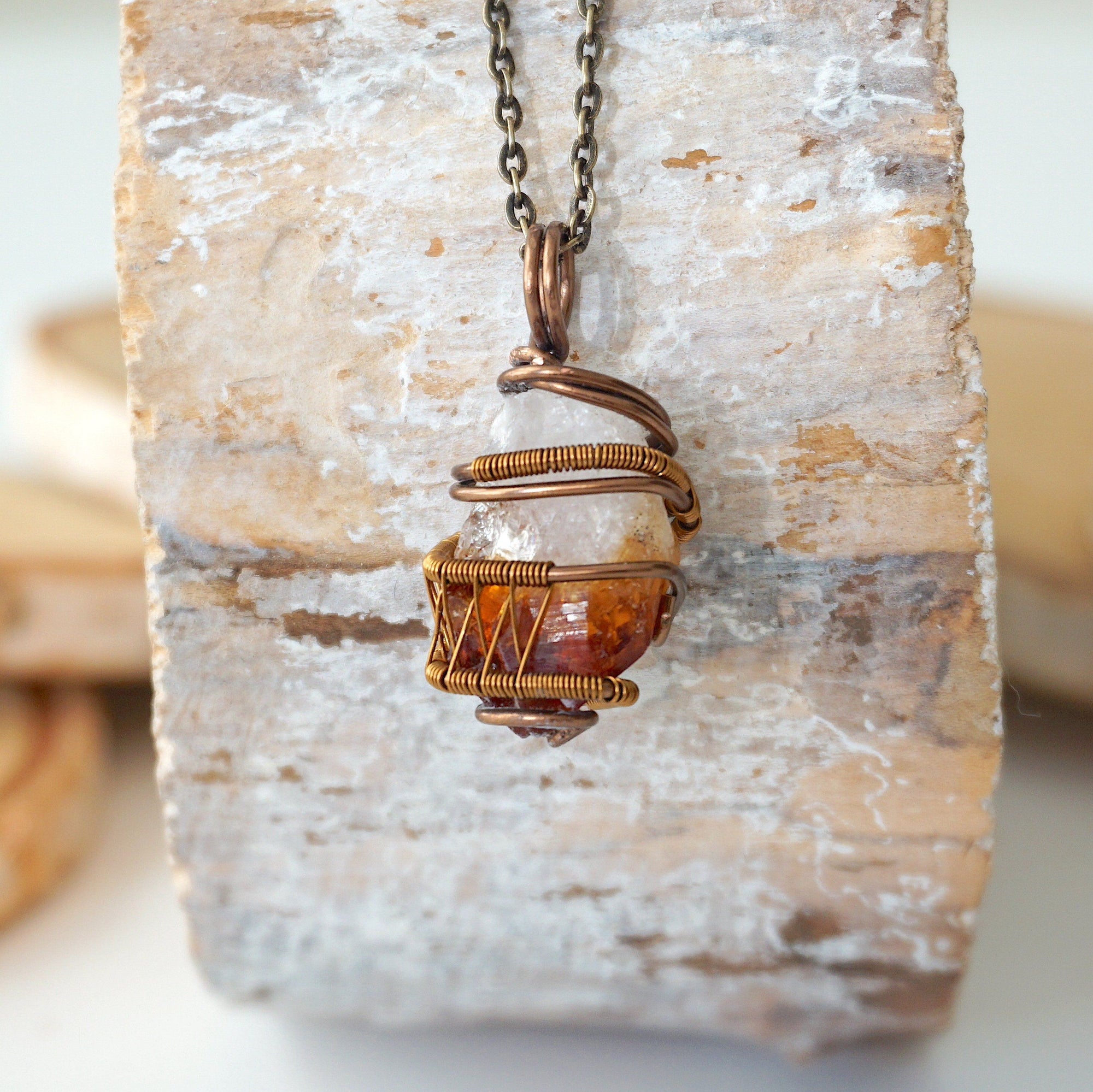 Back view of raw citrine pendant antique bronze wire wrapped showing artisan craftsmanship and copper wire detail
