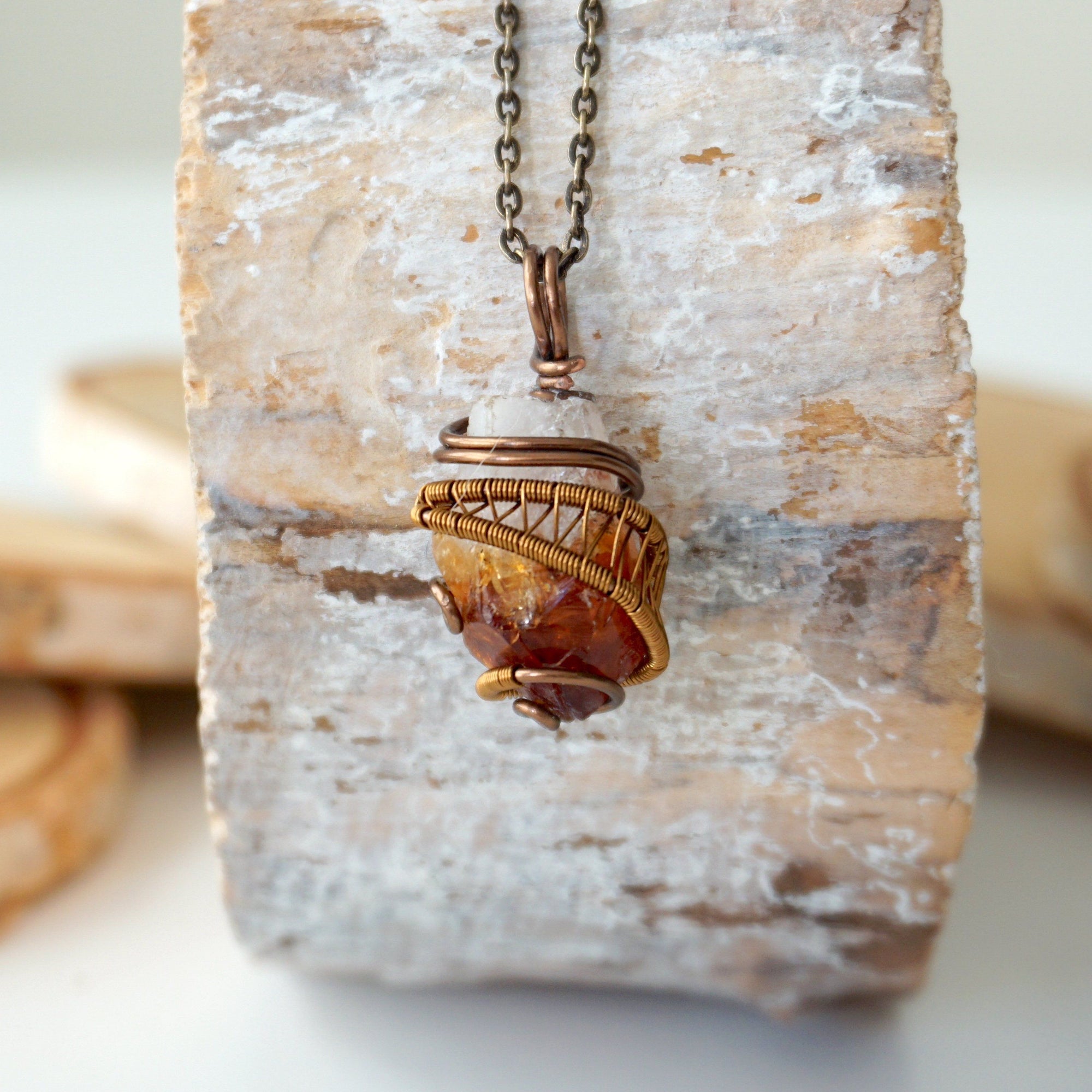 Raw citrine necklace antique bronze wire wrapped crystal pendant for men and women handmade by Designs by Nature Gems
