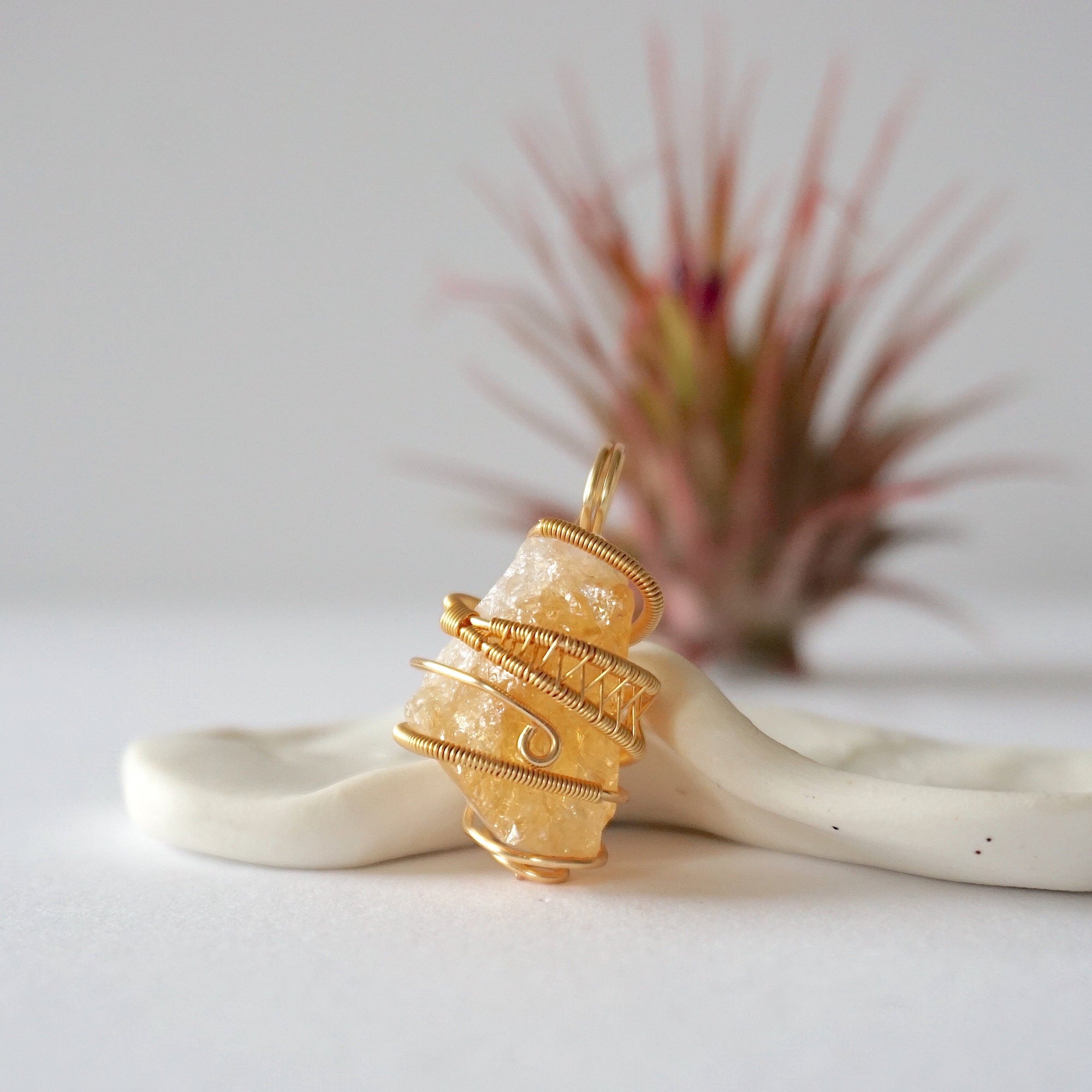 Front view of raw citrine pendant showing natural unpolished crystal texture - wire wrapped in gold plated copper handmade November birthstone necklace detail