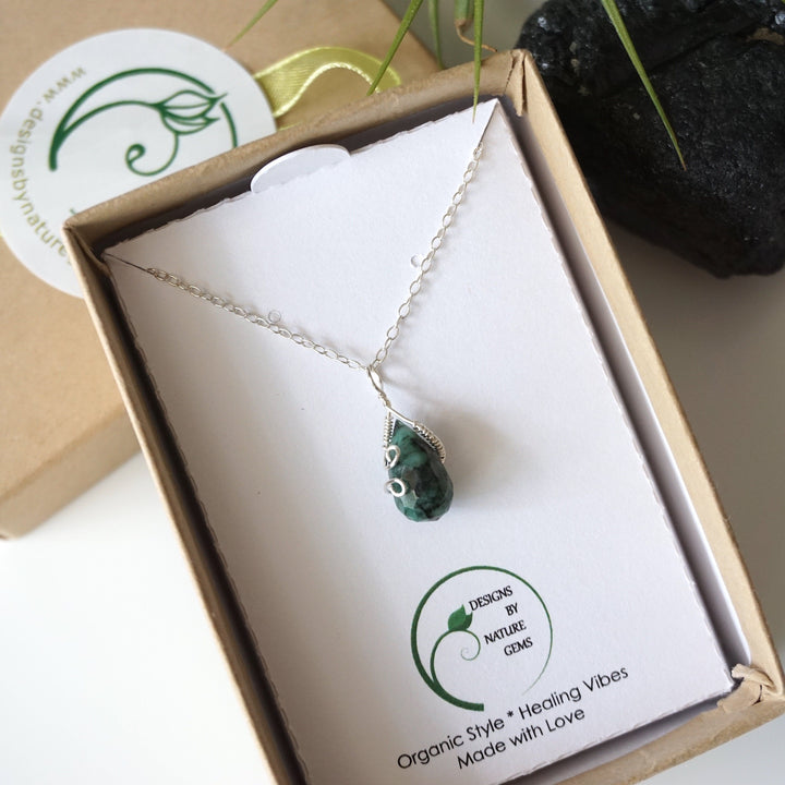 Raw Emerald Charm Necklace - 925 Sterling Silver May Birthstone Jewelry DesignsbyNatureGems
