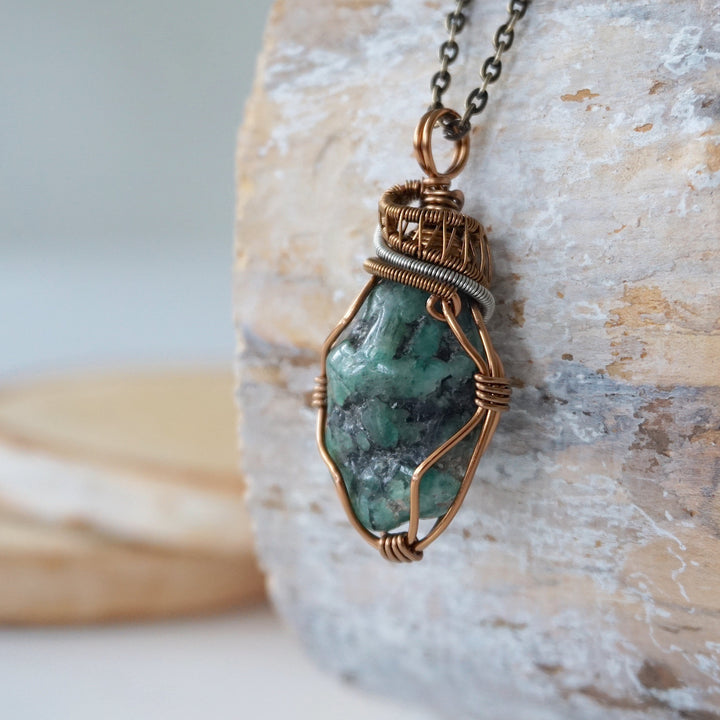 Raw Emerald Crystal Necklace - Silver and Bronze Wire – Designs by ...