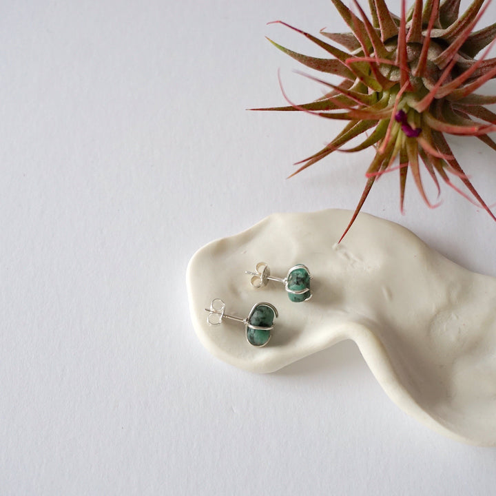 Raw Emerald Huggie Earrings - Sterling Silver Designs by Nature Gems