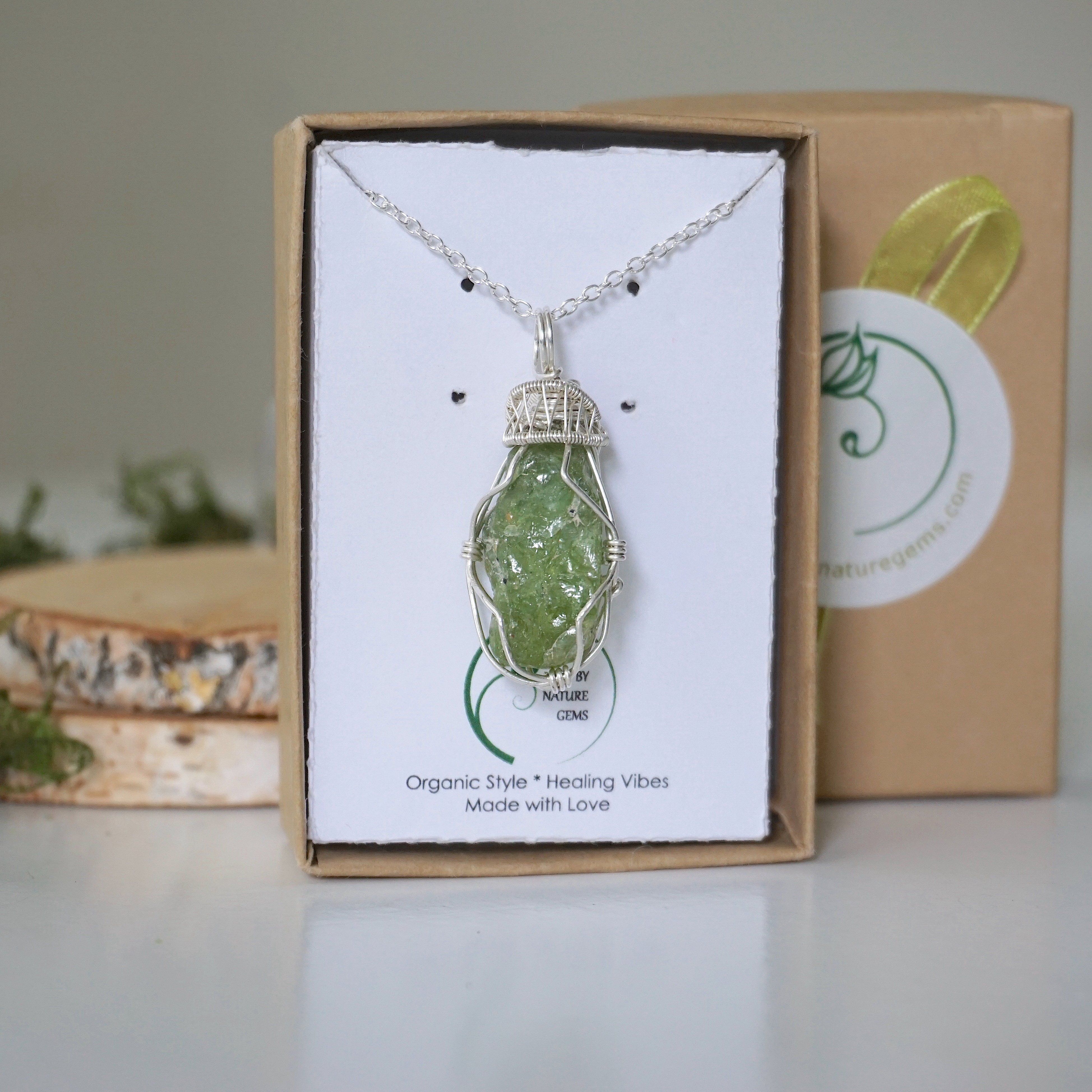 Online RARE Peridot gemstone silver cap pendant necklace #016