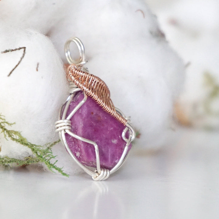 Raw Ruby Crystal Necklace - Sterling Silver and 14k Gold Pendant DesignsbyNatureGems