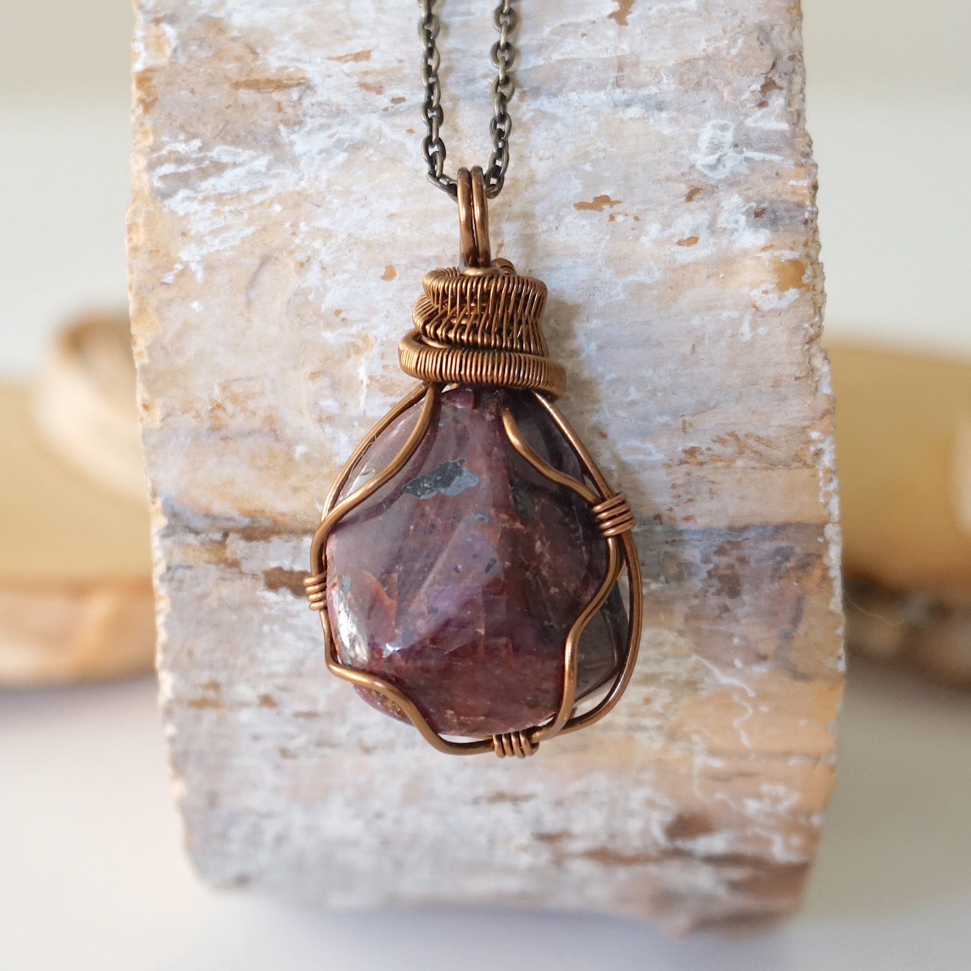 Raw Ruby Crystal Necklace - Antique Bronze Wire - July Birthstone ...
