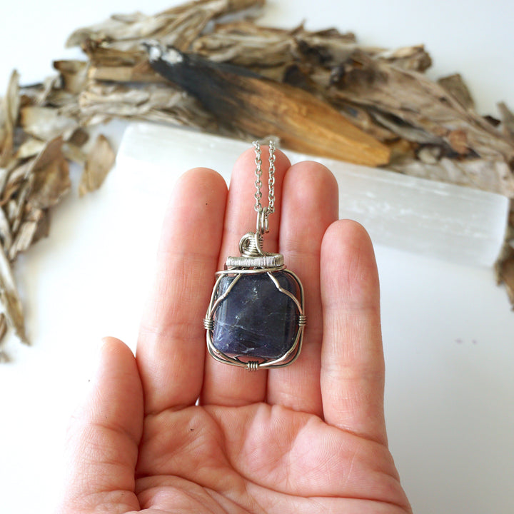 Raw Sapphire Pendant Necklace - September Birthstone - Sapphire Crystal Wrapped in Dark Silver Wire in Hand