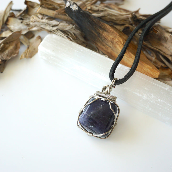 Raw Sapphire Pendant Necklace - September Birthstone - Sapphire Crystal Wrapped in Dark Silver Wire with Black Cord