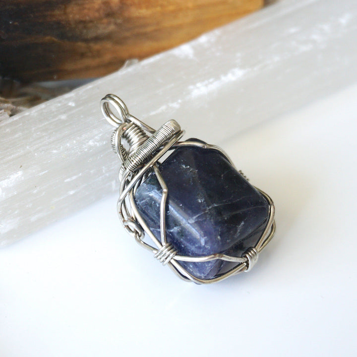 Raw Sapphire Pendant Necklace - September Birthstone - Sapphire Crystal Wrapped in Dark Silver Wire