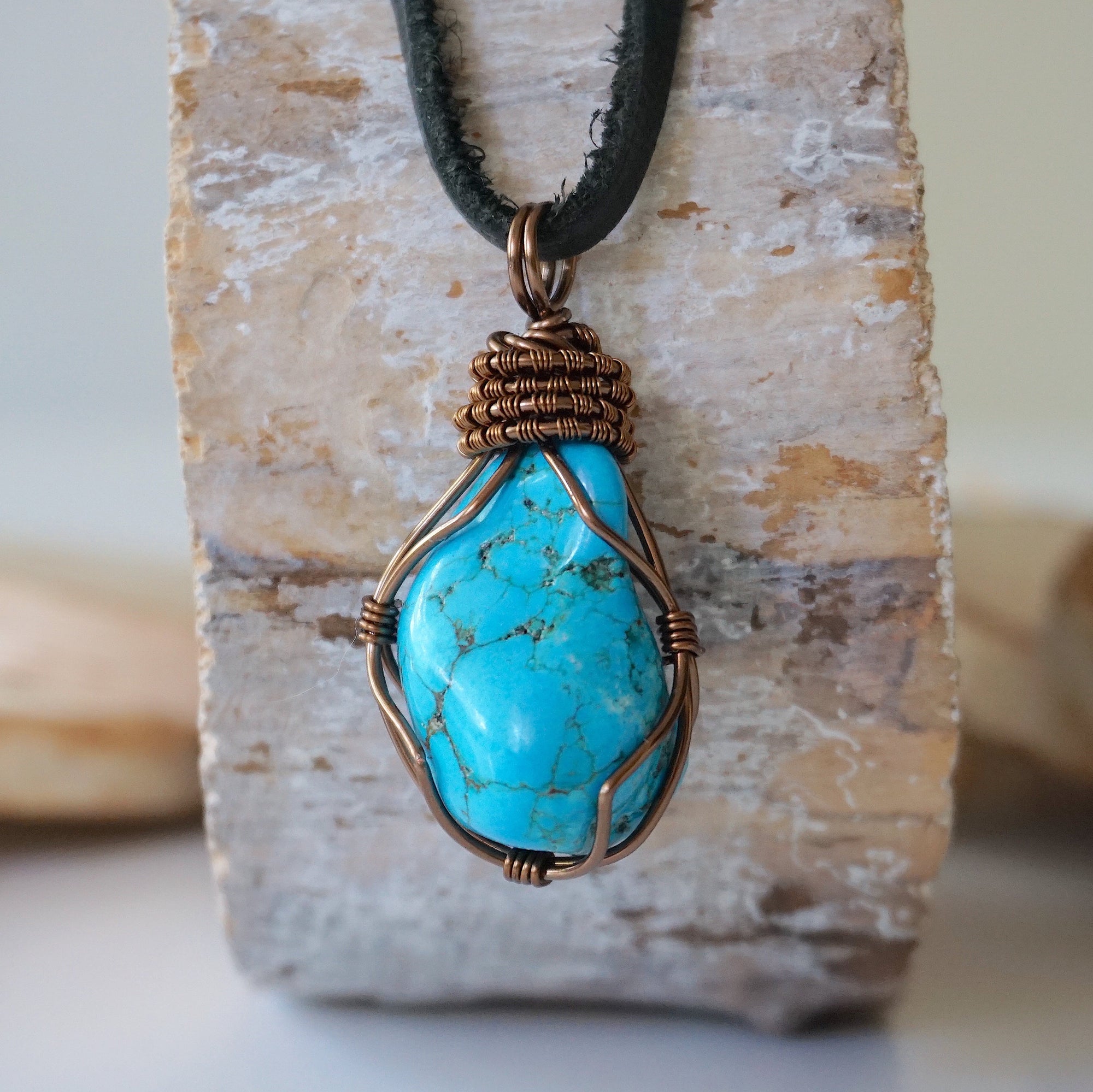 Raw turquoise necklace for men with antique bronze copper wire wrap on leather