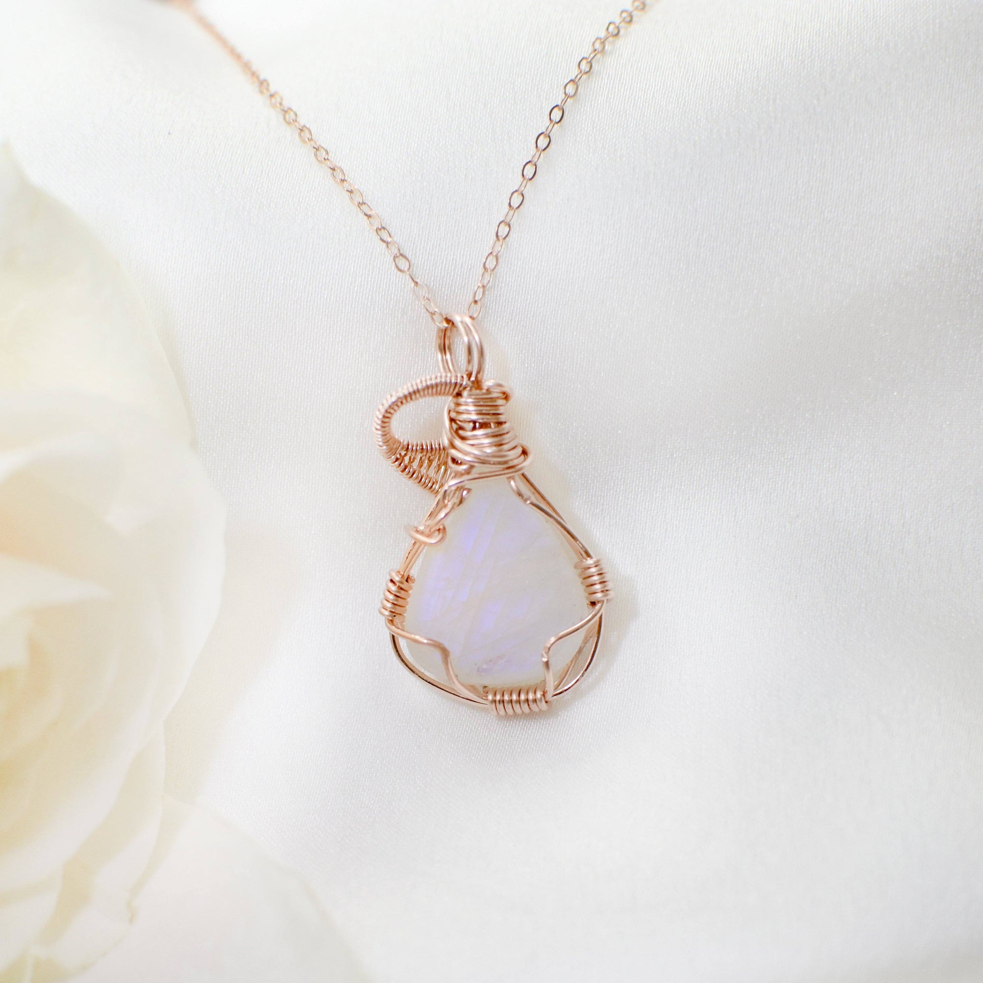 Rose Gold Rainbow Moonstone Necklace DesignsbyNatureGems