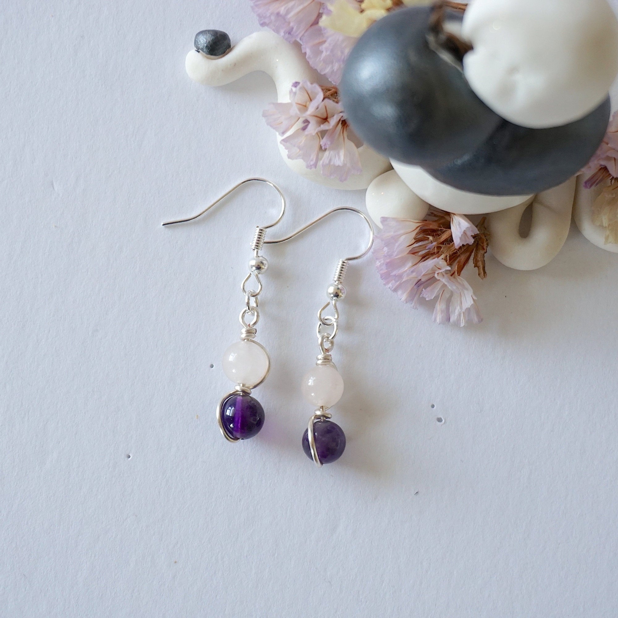 Rose Quartz &amp; Amethyst Silver Plated Hook Drop Earring Designs by Nature Gems