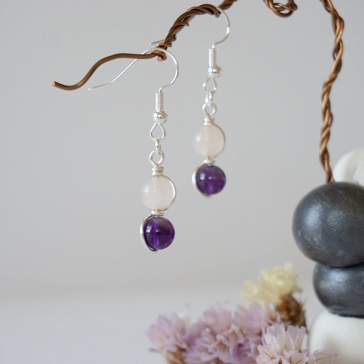 Rose Quartz & Amethyst Silver Plated Hook Drop Earring Designs by Nature Gems