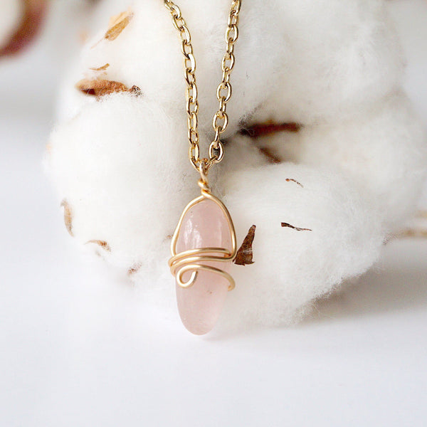 Rose Quartz Charm Necklace - Gold Plated Brass Designs by Nature Gems